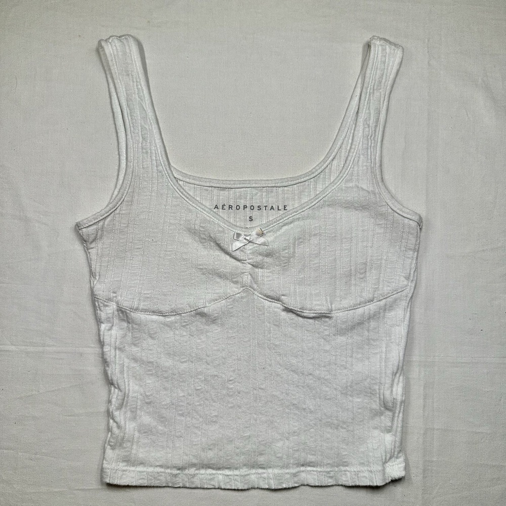 Aeropostale White Knit Cropped Tank Top Bow Accent Striped‎ Scoop Neck S Y2K